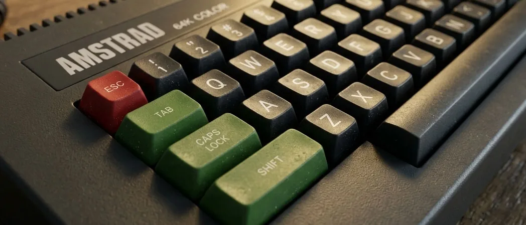 Close-up of an Amstrad CPC 464 keyboard, with its coloured keys